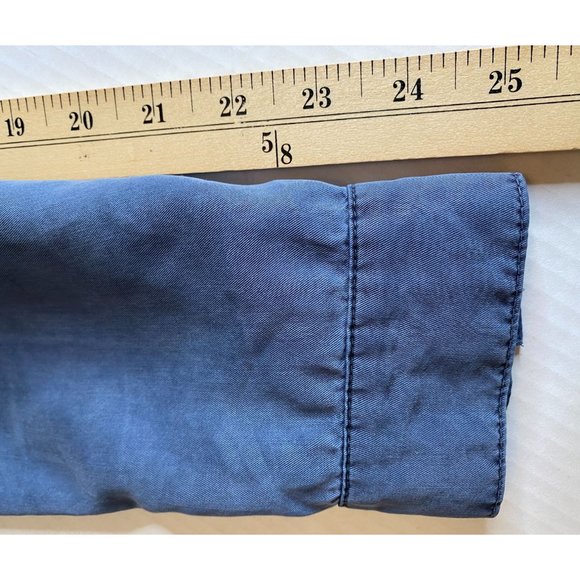 Side Stitch Blue Tencel Half Placket Roll-Tab Sleeve High-Low Shirt Size M - Picture 13 of 13